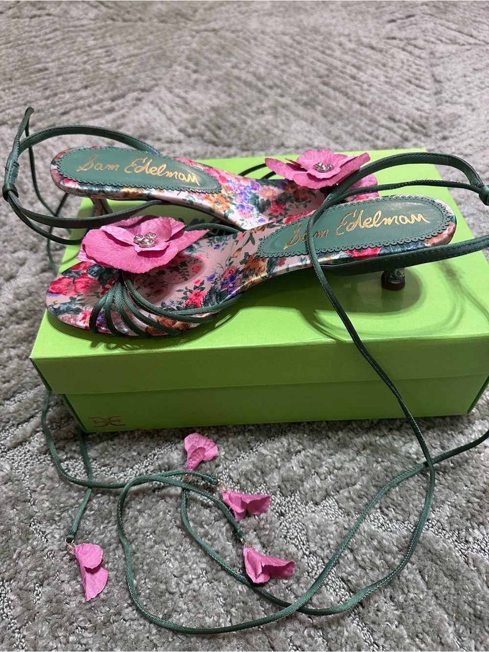 Sam Edelman Carla lace up kitten heel green agave satin